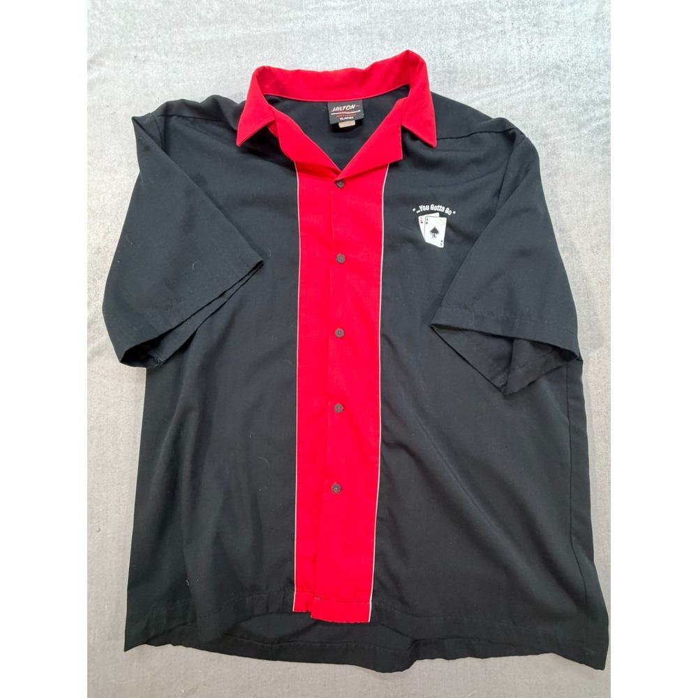 Hilton Bowling Retro Button Up Shirt Poker Red Black Ace-Deuce Size XL